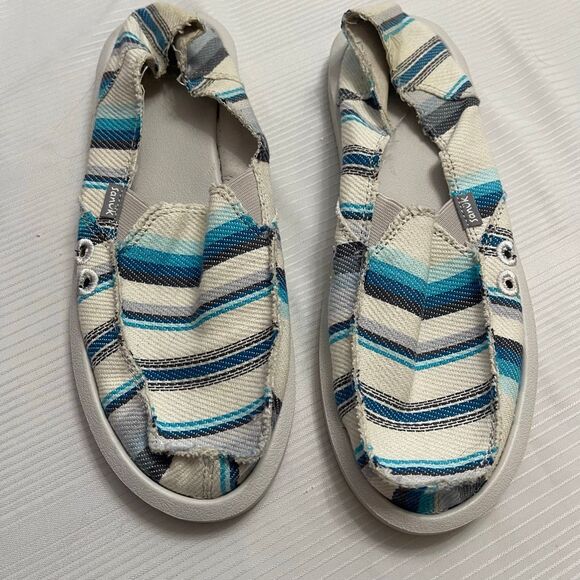 Sanuk You Got My Back Blanket Blue Striped Slides Surfer Shoes Size 9 - Picture 1 of 8